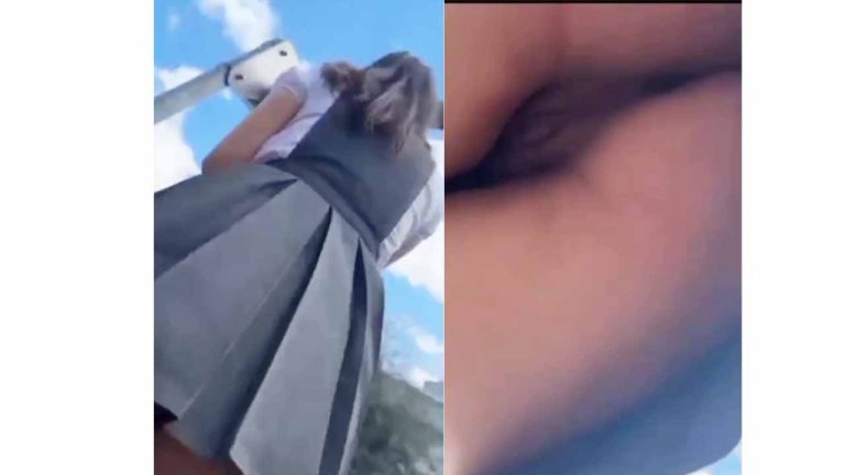 Schoolgirl waiting for the bus - Upskirt not wearing panties