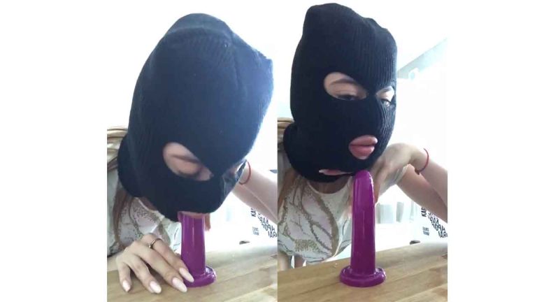 Teen slut with balaclava practices deep blowjob with dildo