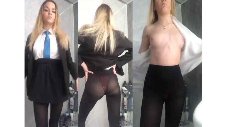 Blonde teen Russian schoolgirl horny in black pantyhose