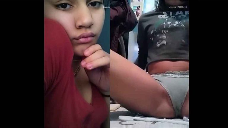 Bored brunette teen in her room shows her panties and boobs
