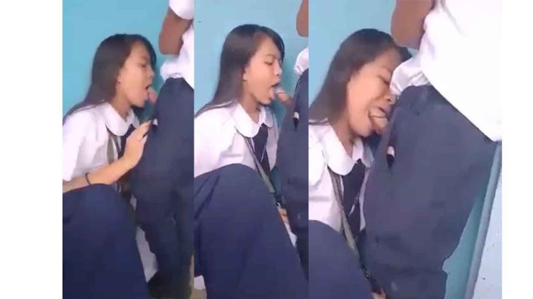 Nasty teen sucking her friend's cock at school