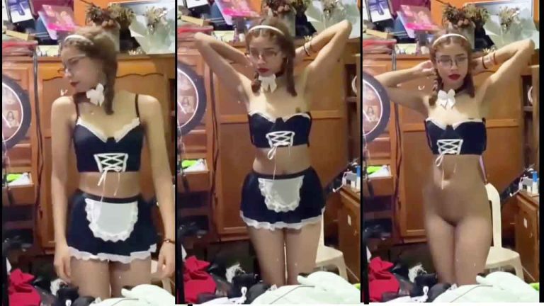 Petite Mexican Nerdy Girl Cosplaying as a Maid