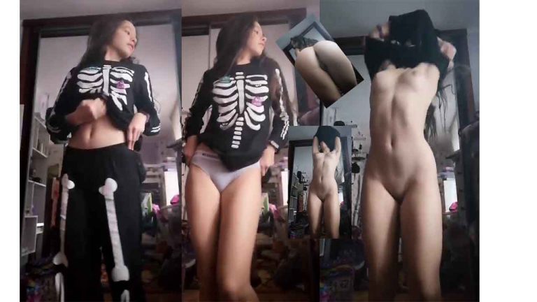 She previews Halloween - 23-video pack - of a girl in a skeleton pajamas