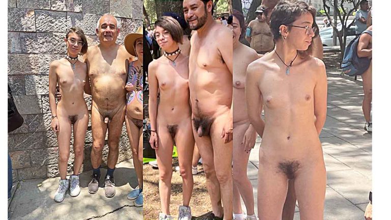 A strange family takes their teenage daughter to a nudist march, and all the older men want a picture with her.