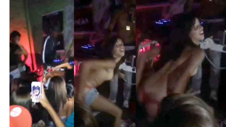 BRAZIL - Very drunk teen slut shows her tits and ass in front of the DJ