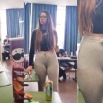 Young school teacher's pussy is visible because of wearing very tight clothes