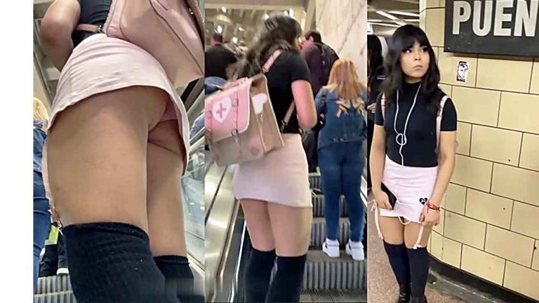 Otaku teen in pink mini dress UPSKIRT PINK UNDERWEAR ON THE CITY SUBWAY