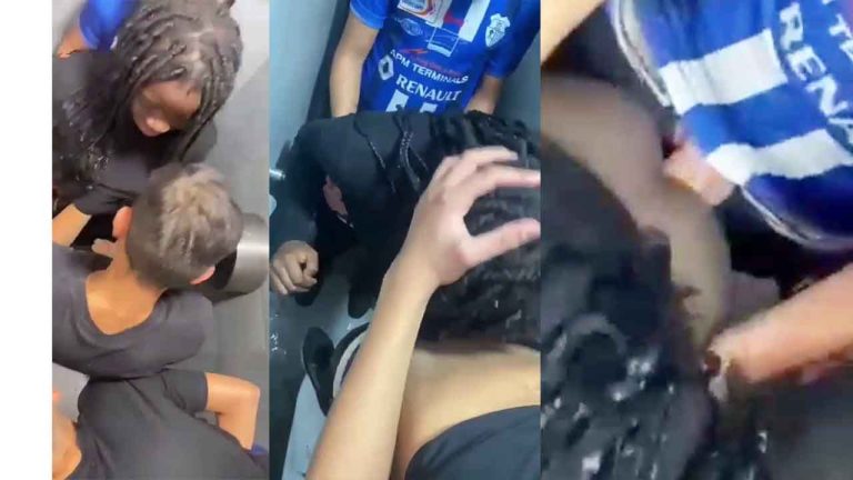 BLACK TEEN GETS FUCKED BY 3 OF HER SCHOOL FRIENDS IN THE BATHROOM